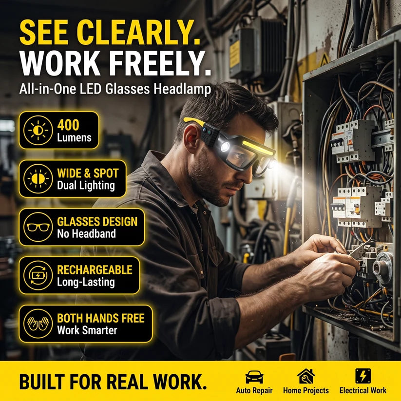 💥 BLACK FRIDAY 49% OFF 🔦 Rechargeable LED Headlamp Glasses – Hands-Free Lighting