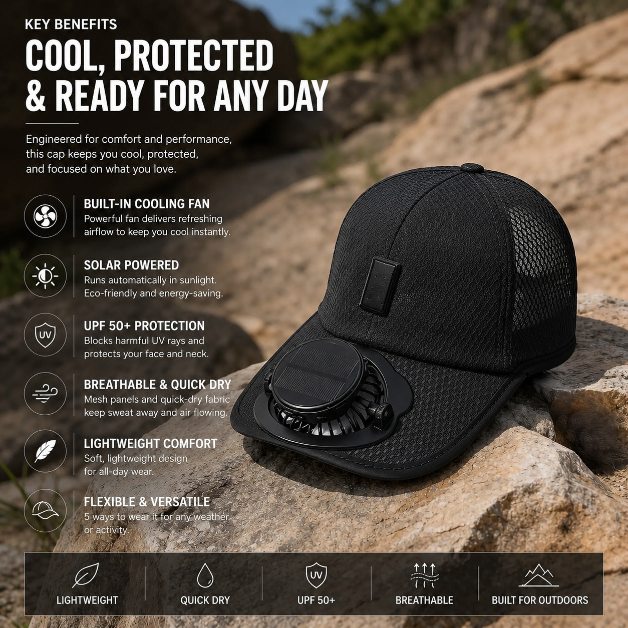 💥 2026 Summer Sale 50% OFF ✨ Solar Fan Outdoor Cooling Hat with UPF 50+ Protection