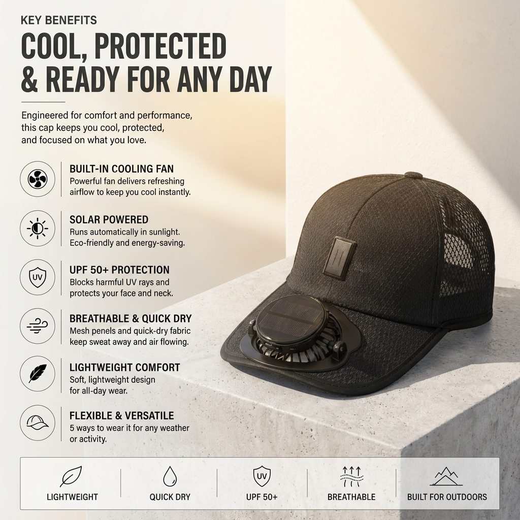 🔥 2026 Last Day 50% OFF ✨ Cooling Fan Hat with Solar Powered Fan UPF 50+ UV Protection