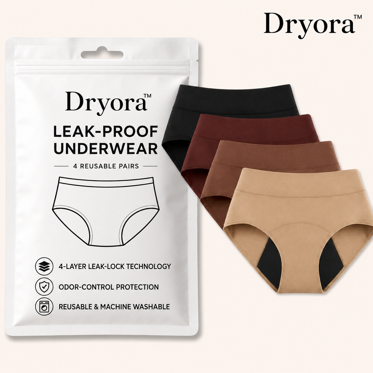 💥 2026 Limited 70% ️OFF 💦 DRYORA™ 4-Pack Leak-Proof Incontinence Underwear – Bladder Leak & Odor Protection